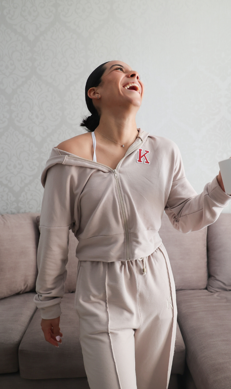 Classic Varsity Zip Hoodie Mujer Beige